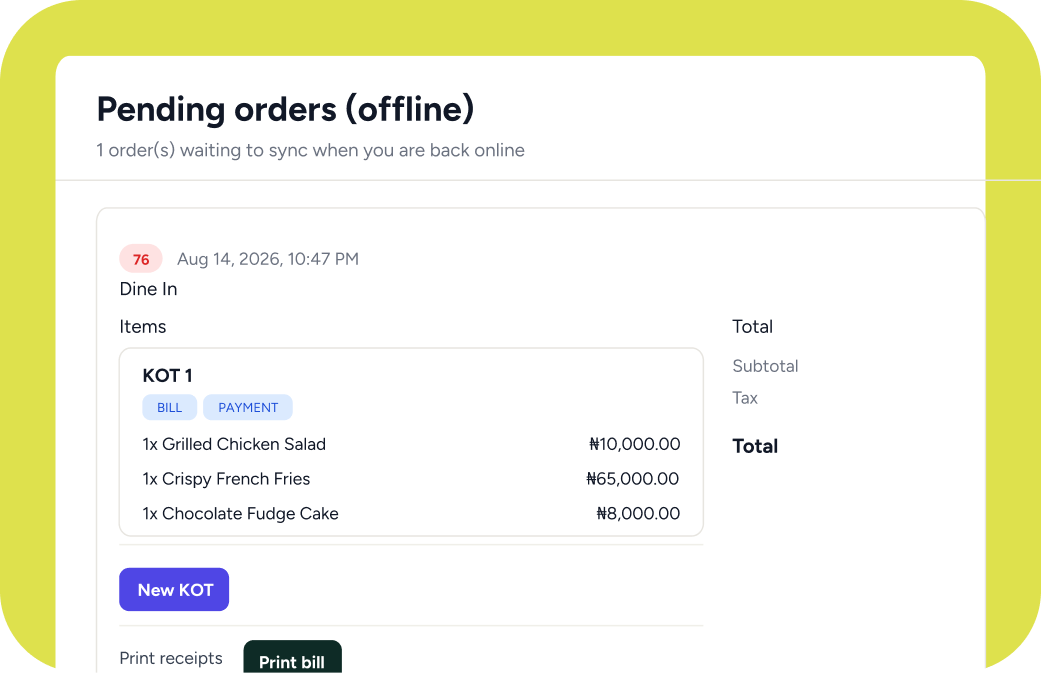 Ordara offline POS screen showing pending restaurant orders waiting to sync